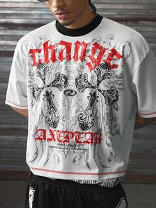 AXEPEAK Casual Street Cross Graffiti Round Neck Loose Short Sleeve T-Shirt And Elastic Drawstring Loose Long Pants, Men 2-Piece Set - Black and White - View 5