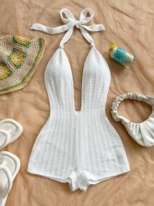 Soleia Women's Vacation White Knit Fairy Crinkle Texture Deep V Neck Tie Front Bodysuit, Slim Fit, Suitable For Party, Christmas, Date, Nightclub, Bohemian, Boho, Vacation, Fall