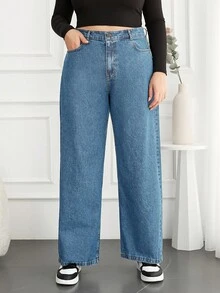 EURMUSE Plus Size Women High Waist Pockets Wide Leg Loose Casual Versatile Jeans Women's Jeans Loose Jeans Wide Leg Jeans Baggy Jeans Oversized Jeans - Light Wash - View 4