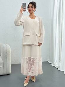 DAZY Women's Elegant Commuter Solid Color Jacket & Lace Patchwork Skirt Suit Business Attire Western Outfits For Women - White - View 6