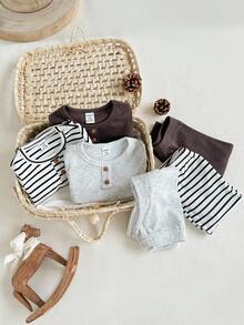 SHEIN 6pcs Set Baby Boy Casual Solid Color Ribbed Front Button Decor Long Sleeve Top And Elastic Waist Pants Set, Soft & Comfortable For Autumn/Winter, Suitable For Everyday Wear Fall - Multicolor - View 8