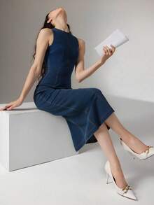 Heiryn 女士圆领无袖修身长款牛仔连衣裙，优雅牛仔连衣裙，FW25 - 中等水洗藍 - 查看 5