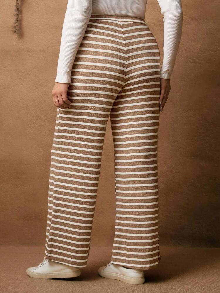 Plus Size Casual Comfortable Straight High Waist Striped Pants, Casual For Women