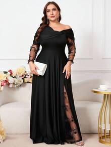 Reflora Đầm xòe cổ lệch màu trơn thanh lịch cỡ lớn dành cho nữ - màu đen - Xem 7
