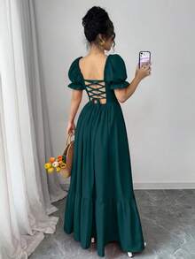 Rafferiza Women's Square Neck Puff Sleeve Front Tie Backless Cinched Waist Dress