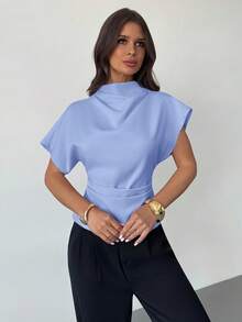 Firerie 褶皱领、不对称袖、侧褶腰部修身、杏色竹亚麻面料、女士衬衫，四季皆宜 - 藍色 - 查看 3