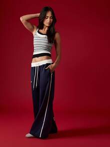 MISSGUIDED 女式撞色腰带阔腿慢跑裤宽松版型运动裤休闲家居服 - 藍色 - 查看 6