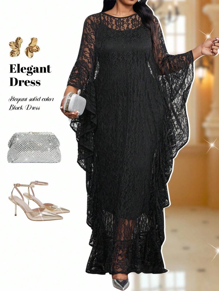 Fleurora Váy dự tiệc ren tay cánh dơi màu trơn thanh lịch cỡ lớn - màu đen - Xem 1