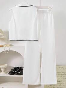 SHEIN Explorewe 1套优雅黑白撞色无袖背心+阔腿裤套装 常规厚度休闲春夏 - 白色 - 查看 2