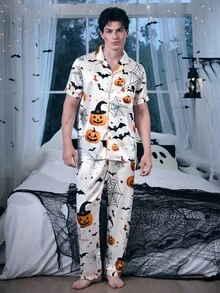 Zestaw piżamowy CoupledUp na Halloween z nadrukiem dyni i nietoperza, z satyny, z krótkim rękawem i klapami, dla mężczyzn