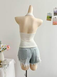 Soleia 女士度假垂坠领口纹理针织面料上衣，配金属肩带，性感修身时尚衬衫，适合派对、约会、婚礼、下午茶、西方音乐节、浪漫海滩、春夏邮轮度假 - 白色 - 查看 2