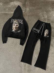 Manfinity EMRG 2 件男士肖像与字母城市街头风格连帽衫和运动裤套装，秋季服装 - 黑色 - 查看 1