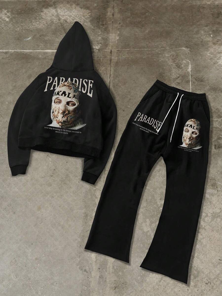 Manfinity EMRG 2 件男士肖像与字母城市街头风格连帽衫和运动裤套装，秋季服装 - 黑色 - 查看 1