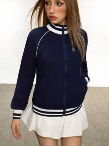 INAWLY 2025 Women's Autumn Raglan Sleeve Casual Slim Fit Ribbed Jacket Fall Winter Cloth For Women - Navy Blue - View 4