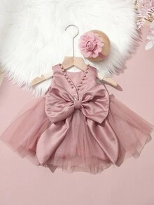 SHEIN 2Pcs Set Newborn Girl Pearl Style Dress With Rose Flower Headband Baby Photo Shooting Outfits Infant 1 Month 100 Days Taking Picture Costume Fall Winter