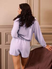 lacRébo 柔和淡紫色舒适家居服套装，含长袖上衣和短裤，秋冬秋季女装秋冬 - 淡紫色 - 查看 2