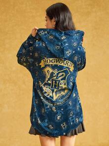 HARRY POTTER X SHEIN 女士字母印花连帽长袖衬衫 - 藏蓝色 - 查看 1