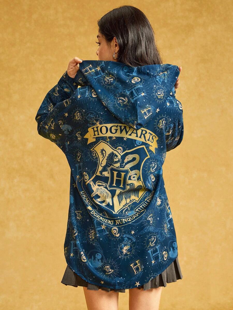HARRY POTTER X SHEIN 女士字母印花连帽长袖衬衫 - 藏蓝色 - 查看 1