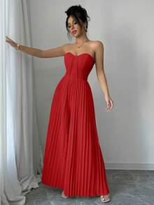 Elenzga Casual Romantic Ruched Waist Jumpsuit For Women - Red - View 5