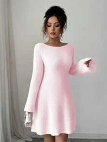 Elenzga Váy len tay loe dáng chữ A cổ tròn chất liệu lông cừu mềm mại, thắt eo cho nữ - Hồng - Xem 3