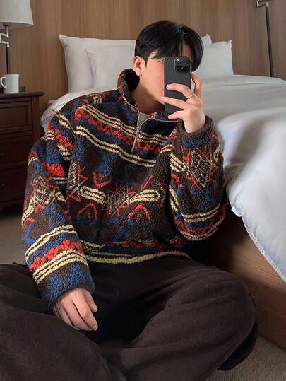 DAZY 男士图案羊毛半拉链套头衫，秋季