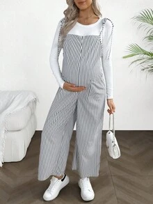 SHEIN 孕妇休闲时尚百搭条纹口袋连体裤