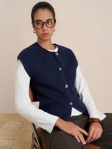 INAWLY Women's Casual Solid Color Button Sweater Vest - Navy Blue - View 6