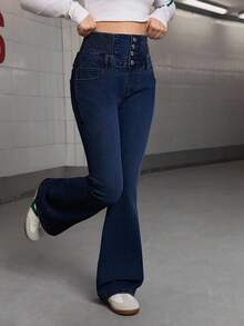 Teen Girl High Waist Ripped Jeans, Elastic Waist Slim Fit Flared Denim Pants Fall Winter - Medium Wash - View 1