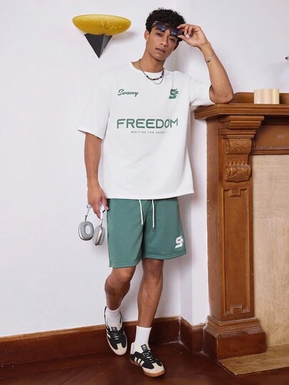 SWAVVY 男士字母印花圆领短袖休闲T恤和抽绳腰短裤套装