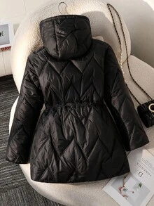 Tween Girls Black Winter Modest Hooded Padded Coat, Loose Fit Drawstring Waist Graphic Pattern Casual Outwear For School, Date, Outdoor, Commute, Fall - Black - View 7