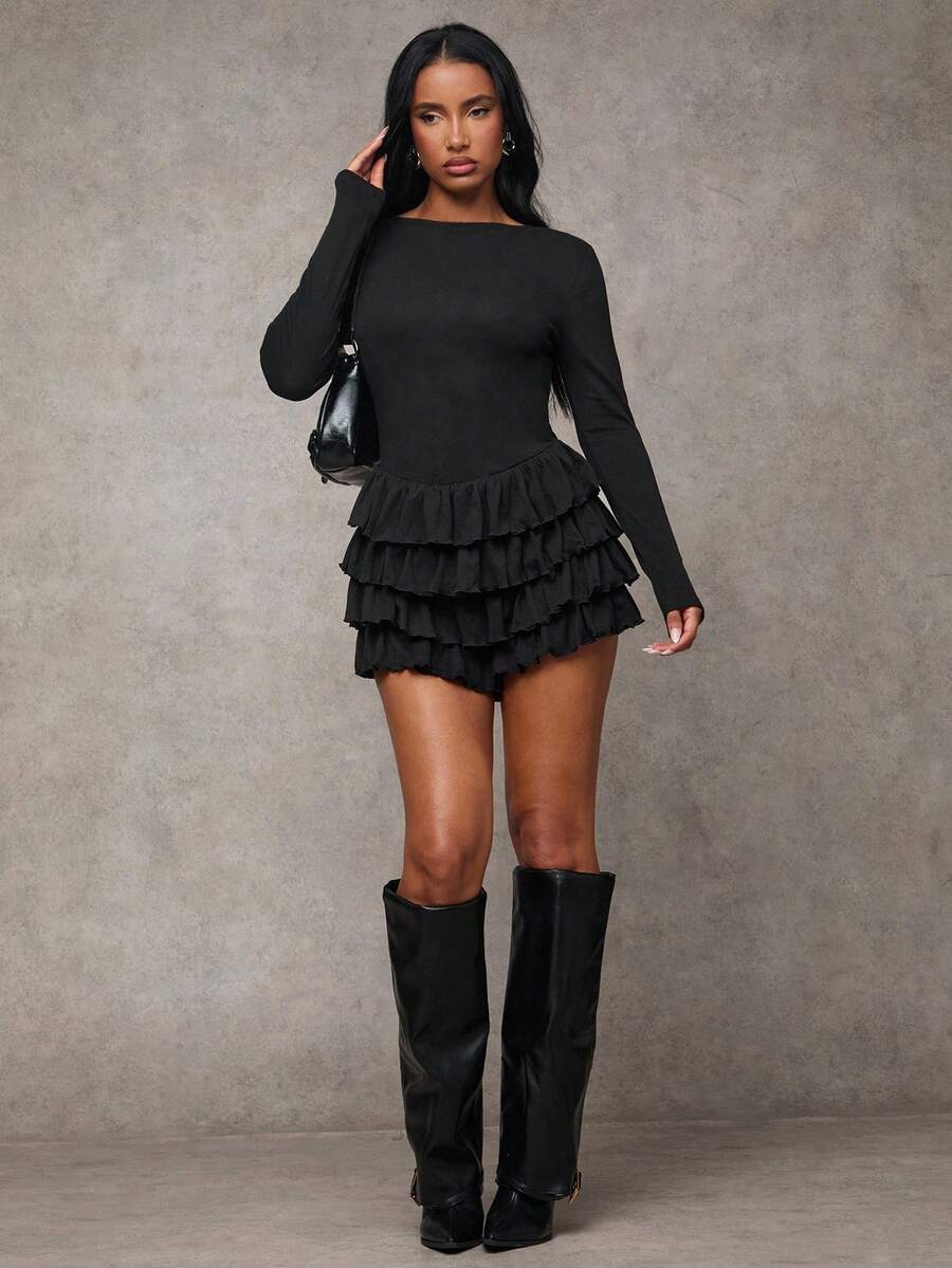 SHEIN BAE Women's Warm And Comfortable Cashmere Knitted Black Round Neck Long Sleeve Sweet Layered Ruffle Hem Jumpsuit Dress,Winter Clothes For Women,Autumn Clothing For Women,Christmas Clothes,Party Dress ,Black Dress