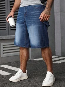 Manfinity Homme 男士休闲宽松蓝色牛仔短裤，夏季百搭