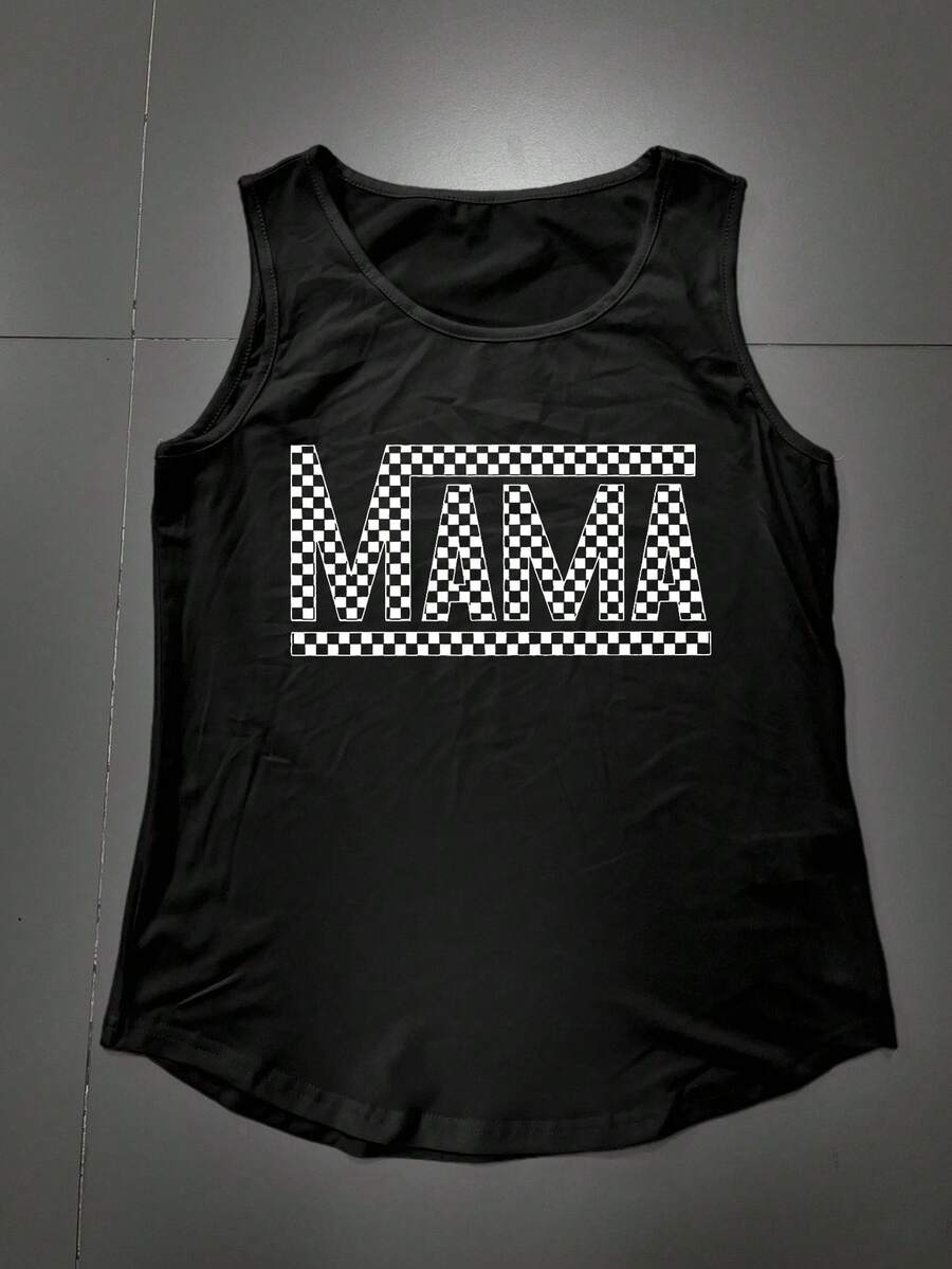 INAWLY ملابس علوية نسائي فضفاض صيفي بطباعة حرف ونقش شطرنج - الأسود - مشاهدة 1