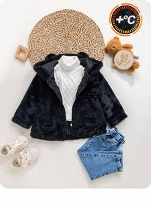Emery Rose Kids Emery Rose Kids Babygirl Casual Fluffy Black Hooded Jacket, Versatile For Autumn/Winter Fall - Black - View 10