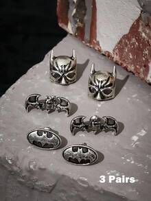 BATMAN X SHEIN 3 对复古做旧银色耳钉，男女通用，日常佩戴 - 復古銀色 - 查看 2