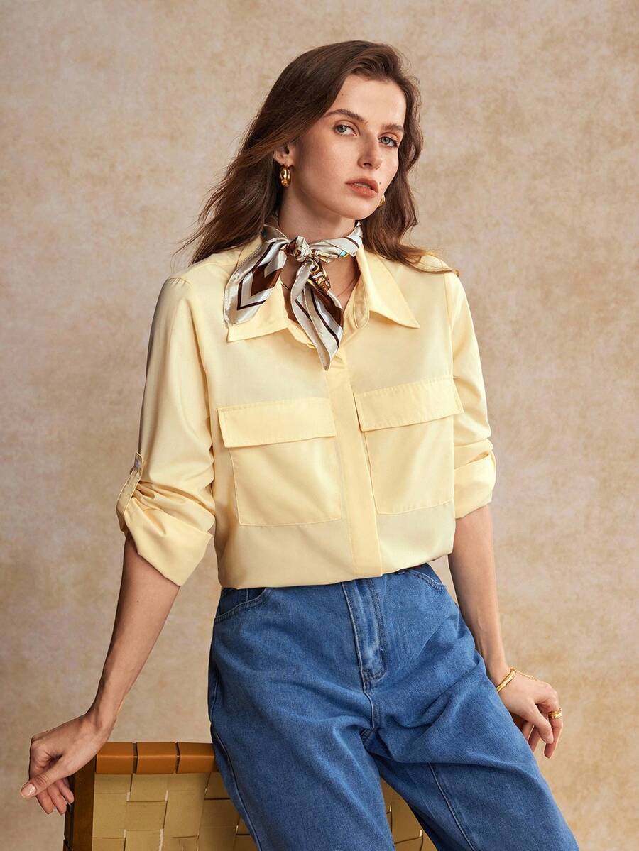 House of One Collared Button-Up Long Sleeves Blouse Top With Pockets Women Casual Autumn