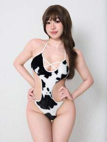 ROMWE Goth 哥特式深色奶牛印花毛绒性感紧身衣，万圣节 - 黑色 - 查看 4