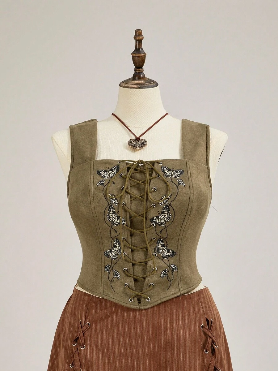 ROMWE EDITION Blusa de tirantes verde con bordado de mariposa y flores, talla grande - Burdeos - Ver 1
