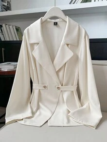 Modelyn Áo khoác blazer tay dài trơn tối giản, ve áo cỡ lớn mặc hàng ngày vào mùa thu/đông - Màu be - Xem 5