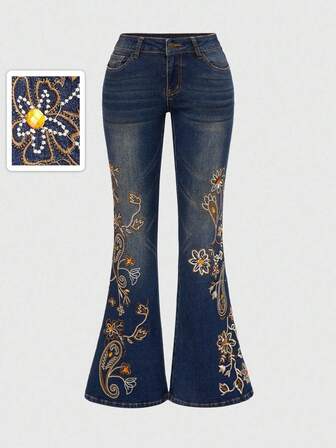 Jeans évasés pour femmes à taille super basse, style vintage hippie avec broderie cachemire, strass et effet délavé