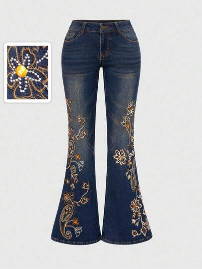Hippie جينز نسائي ذو قصة واسعة مطرز بالزخارف الهندية والراين، ذو خصر منخفض جدًا وقصة ضيقة، بطراز فينتاج هيبي