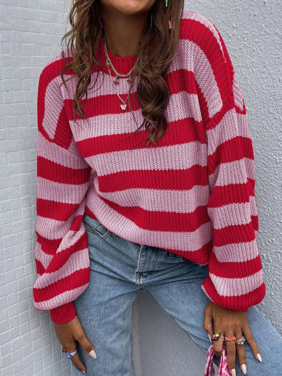 EMERY ROSE 休闲宽松落肩拼色条纹毛衣，秋/春条纹毛衣女款红粉条纹毛衣女款条纹套头衫条纹套头衫女款灯笼袖毛衣 - 彩色 - 查看 1