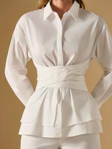 Briarwyn 女士休闲纯色褶腰长袖衬衫 - 白色 - 查看 4