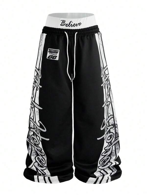 Manfinity EMRG Plus Size Men's INS Style 2 In 1 Distressed 4-Stripe Graphic Casual Pants, Loose Fit, Black & White Color Block, Great Gift For Boyfriend/Husband, Anniversary ,