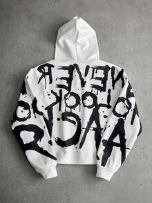 PAVTROS 男士潮流涂鸦英文字母印花连帽短针织套头衫，街头潮流外出长袖连帽衫，适合朋友、丈夫、男朋友的礼物 - 白色 - 查看 2