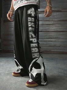 AXEPEAK Casual Street Cross Graffiti Round Neck Loose Short Sleeve T-Shirt And Elastic Drawstring Loose Long Pants, Men 2-Piece Set - Black and White - View 6