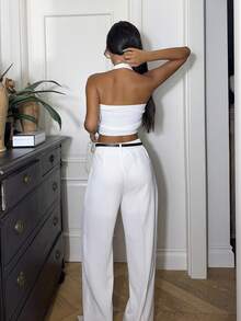 Ronhire 白色休闲办公室女士西装裤配腰带，复古风格女士正装裤商务休闲女士 - 白色 - 查看 2