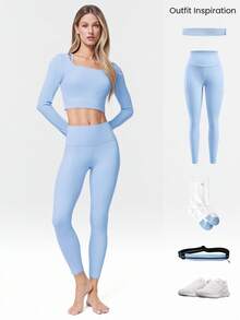GLOWMODE Slim Fit Warm Crop Length Long-Sleeve Top With Thumbholes Removable Padding Yoga Pilates Daily Active Wear Sweat-Wicking - Baby Blue - View 8