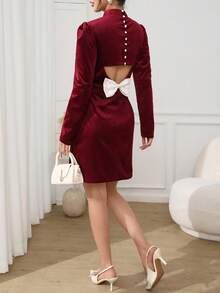 Modelyn Elegant Velvet Bowknot Long Sleeve Mini Dress For Women, Red Dress Women,Elegant Dresses For Ladies,Dress For Wedding Guest,Party Dress,New Year Dress,Christmas Clothes For Women,Autumn Clothes For Women,Winter Clothes