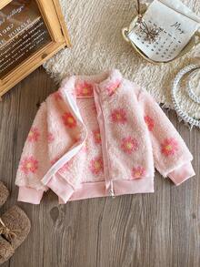 SHEIN 女婴加厚连帽拉链夹克，可爱花卉印花，秋冬